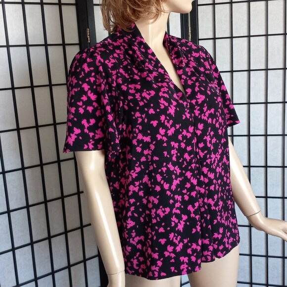 MICHAEL Michael Kors Fuchsia & Black Leaf Print V-Neck Blouse - Stretchy Sz L - Picture 2 of 8